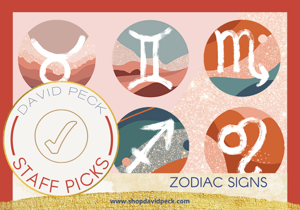 Staff Picks. pink background with zodiac signs on them with symbols.