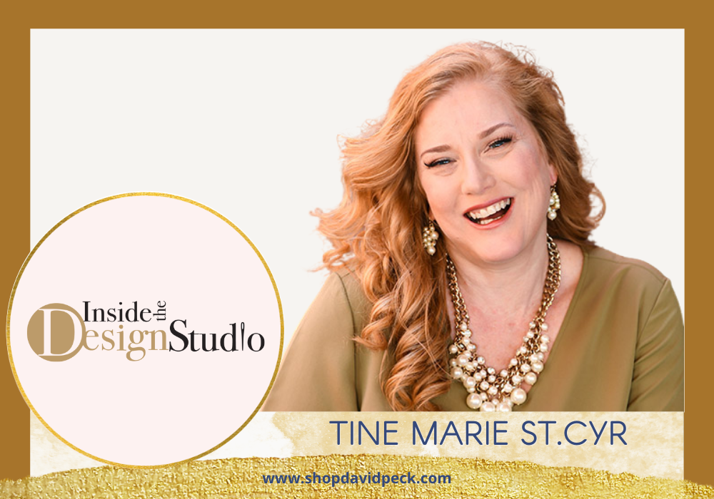 Inside the Design Studio. Headshot of smiling redhead wearing green blouse and pearl jewelry in front of white background.