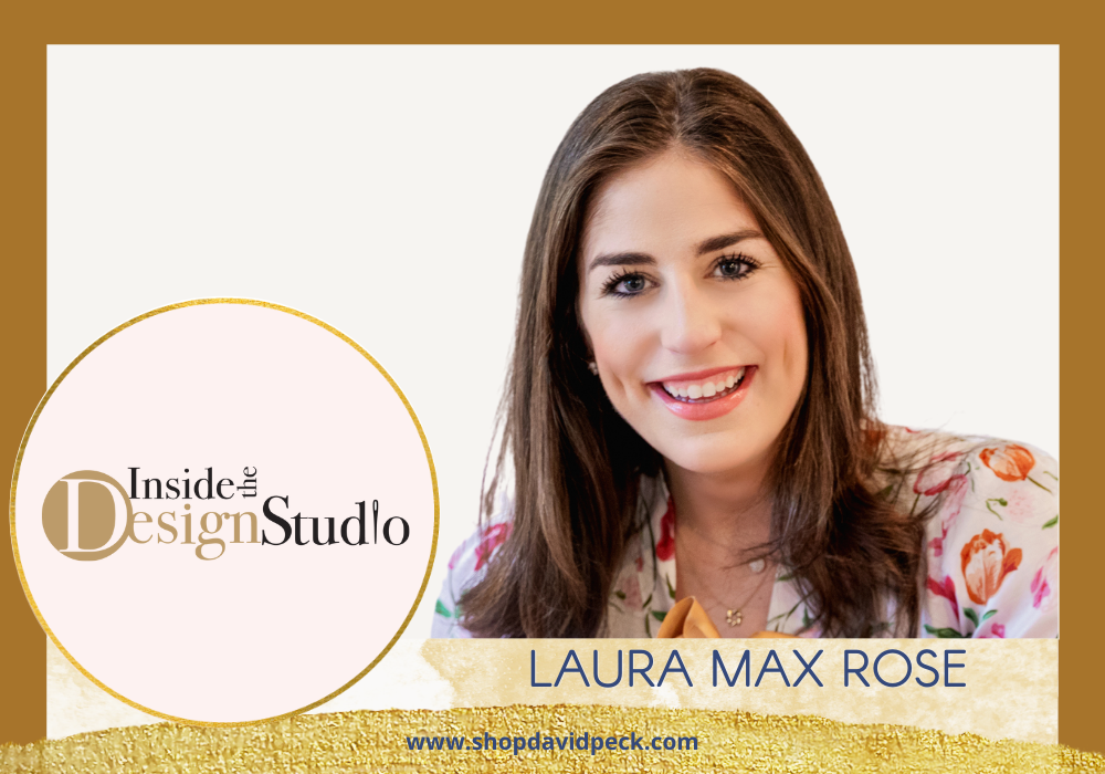Inside the Design Studio. Headshot of smiling brunette woman with red, orange, green, and pink floral blouse.