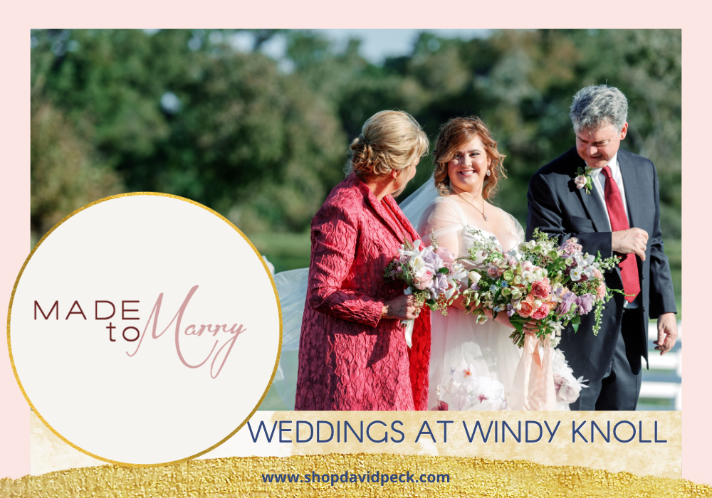 Made to Marry. Smiling bride walking down aisle with mom in red dress and dad with red tie in the midst of greenery.