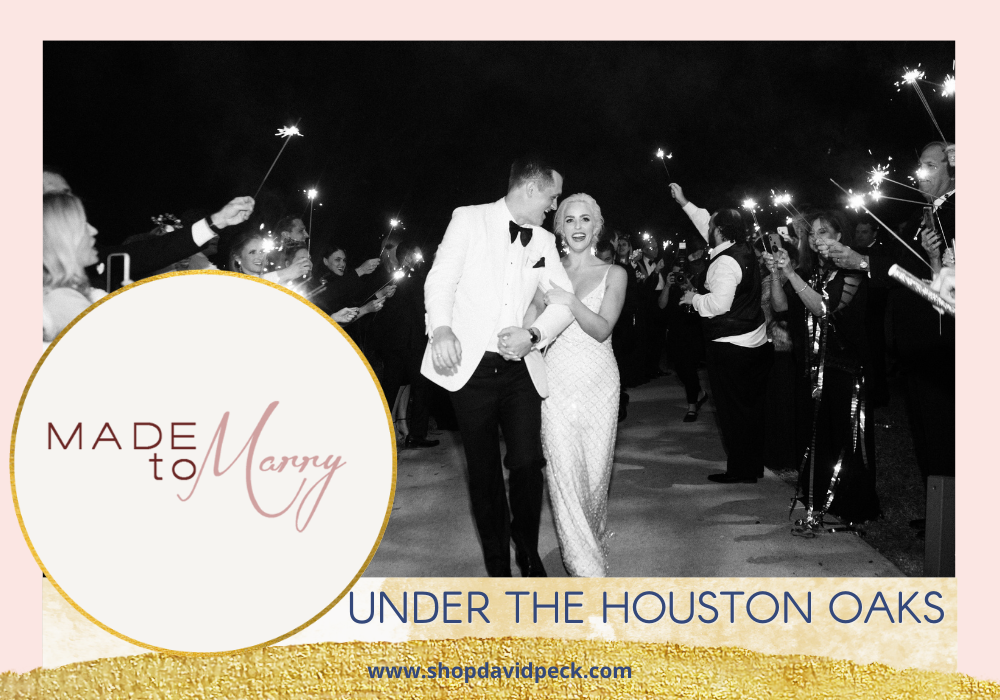 Made to Marry. Black and white photo of bride and groom walking surrounded by guests holding sparklers at the Houston Oaks Country Club.