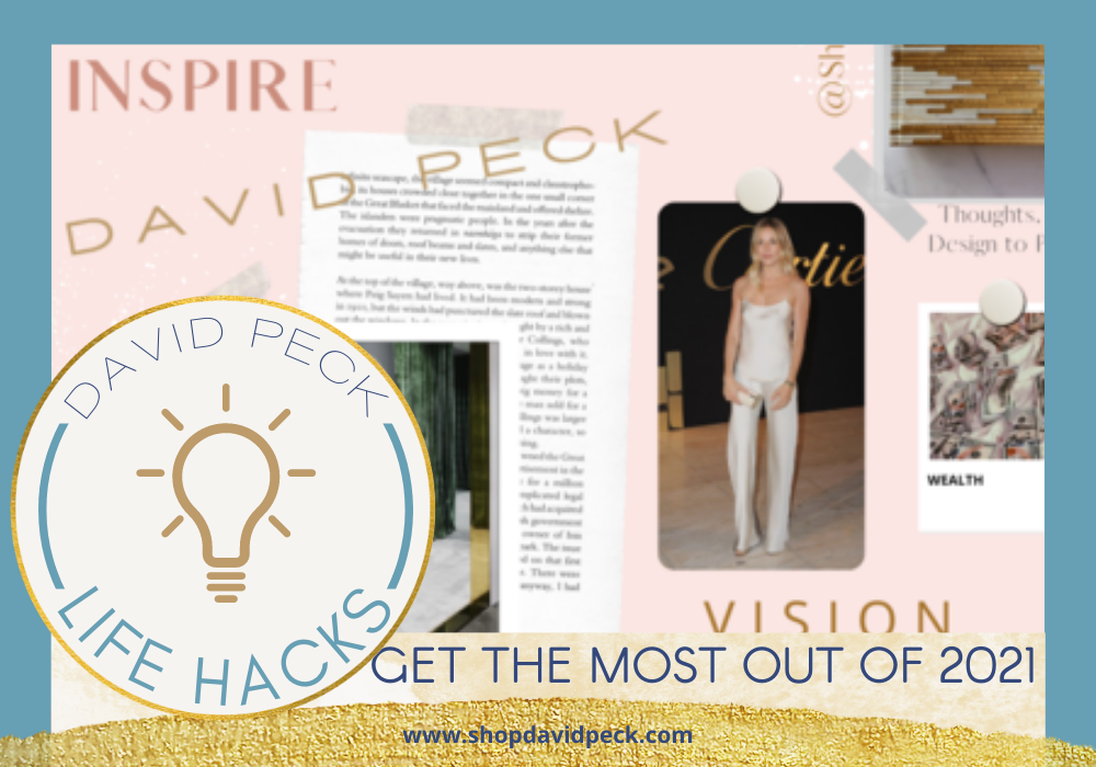 life hack. vision board and collage of words and images for 2021.
