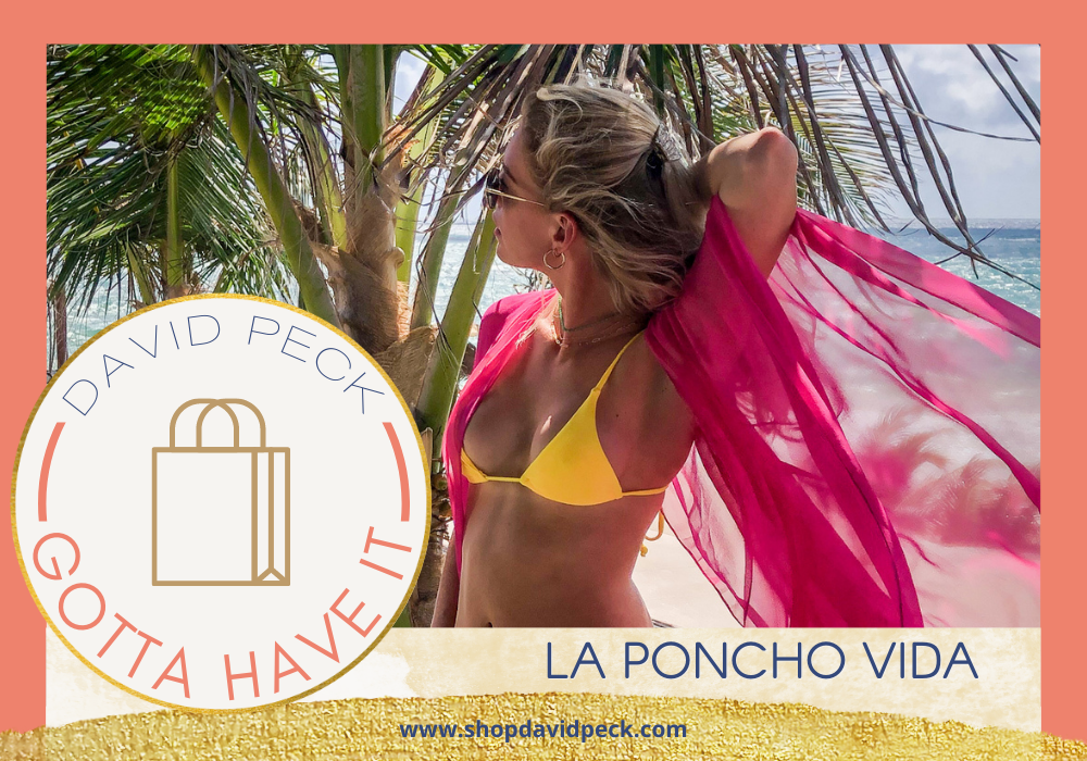 gotta have it. Blonde woman wearing a yellow bikini and David Peck pink chiffon cover up in Tulum, Mexico