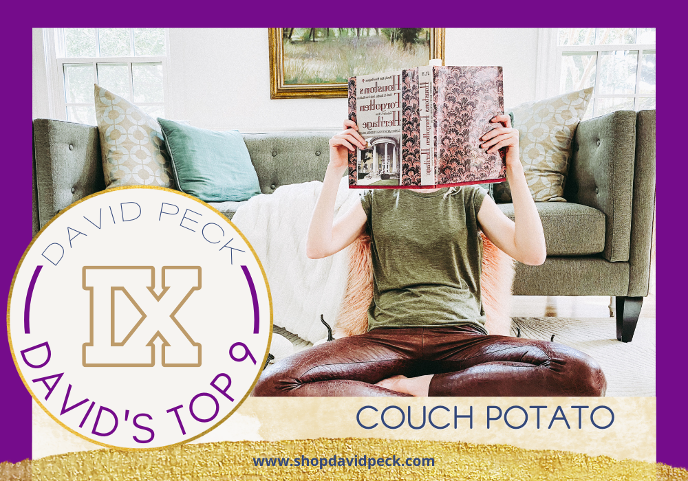 David's top 9. girl sitting in front of greenish grey couch with blue pillows holding the houston's forgotten heritage book in front of her face wearing commando faux croc brown leggings and green stevie t-shrt.