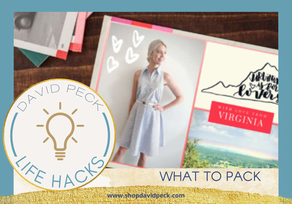 Life hacks. blonde woman in blue striped collared mini dress with hand on hip on virginia postcard.