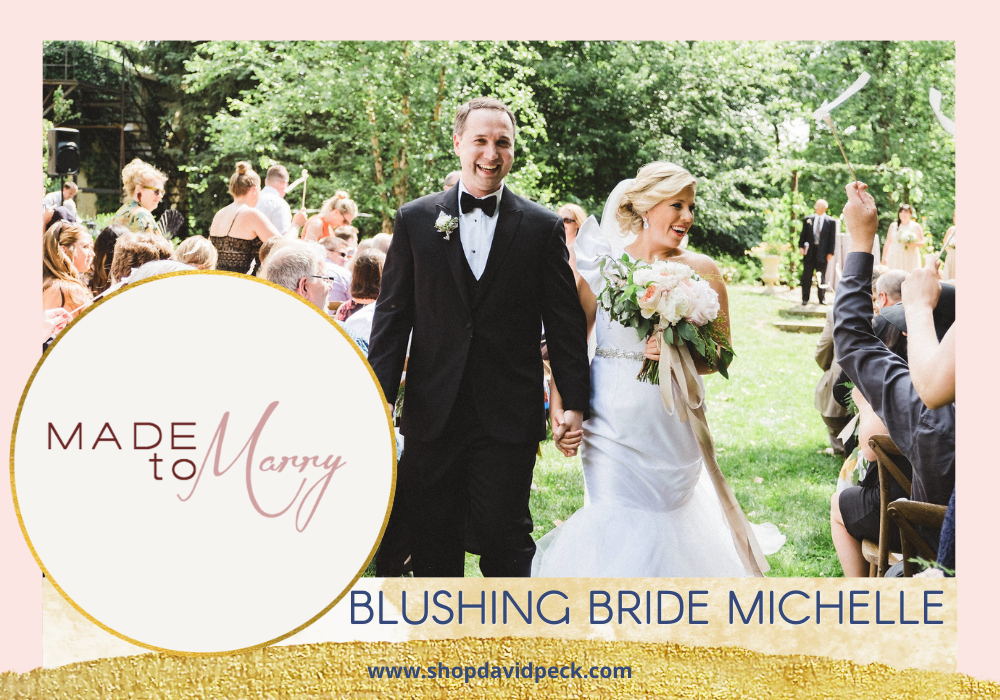 Made to Marry. Smiling blonde bride walking down outdoor wedding aisle with father while holding flower bouquet.