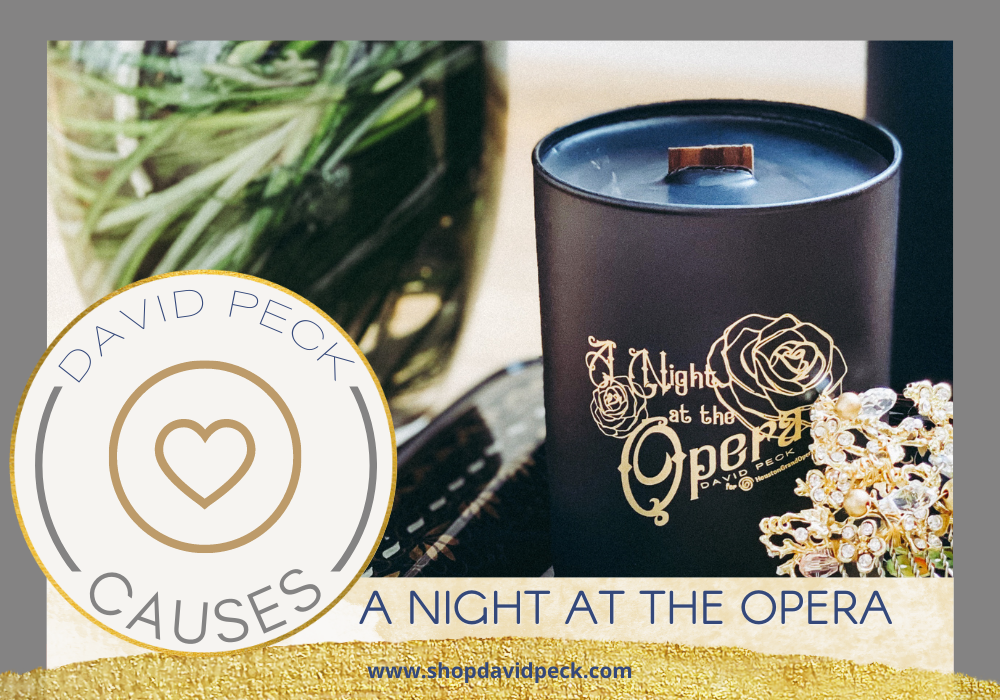 causes. david peck custom candle in black glass container and gold lettering.
