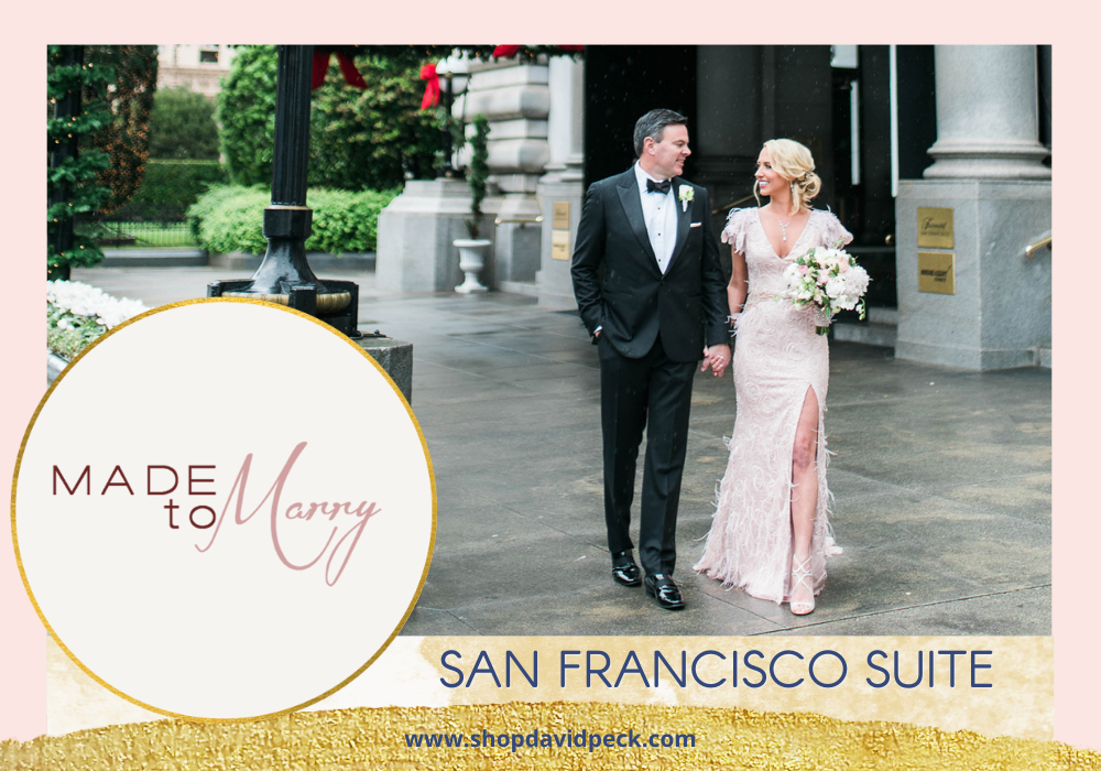 Made to Marry. Blonde bride and brunette groom walking outside looking at each other at the Fairmont Hotel in San Francisco.