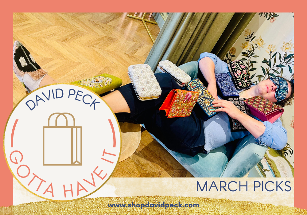 David Peck covered in hand-embroidered handbags