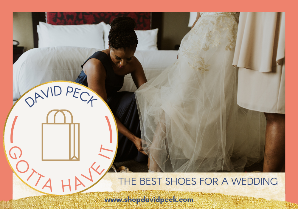 Mother putting on a wedding shoe for her daughter, the bride.