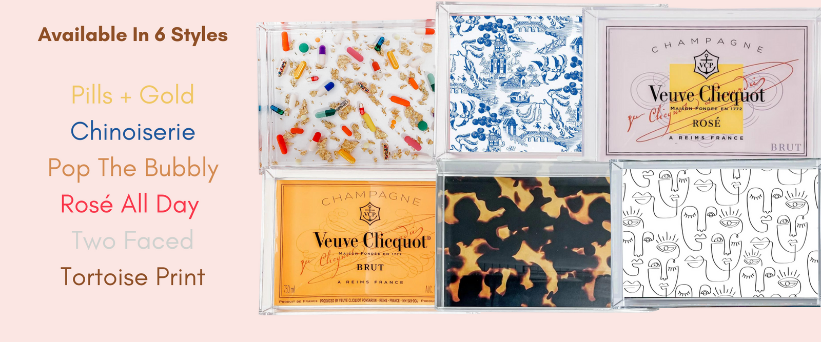 Small trays available in pills + gold, chinoiserie, pop the bubbly, rose all day, two faced print, tortoise print