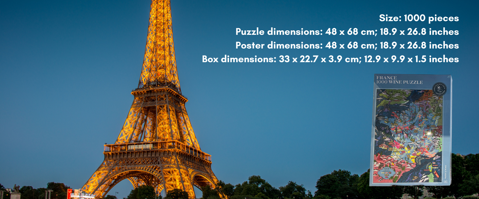 1000 Piece puzzle with puzzle dimensions, poster dimensions, and box dimensions!