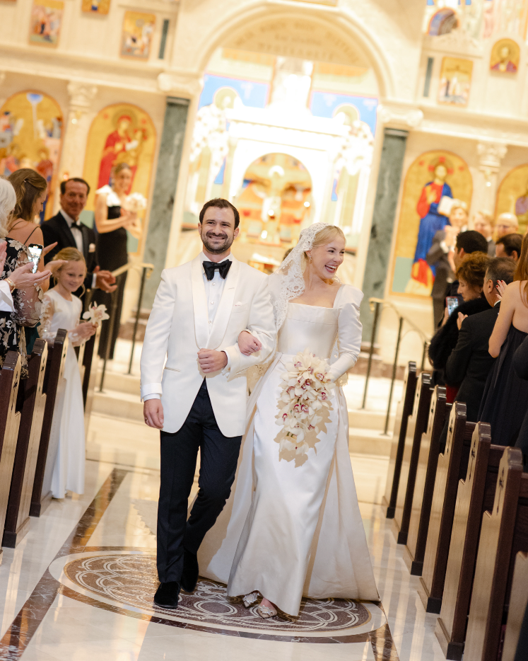 David Peck long sleeve Wedding gown in a Greek church