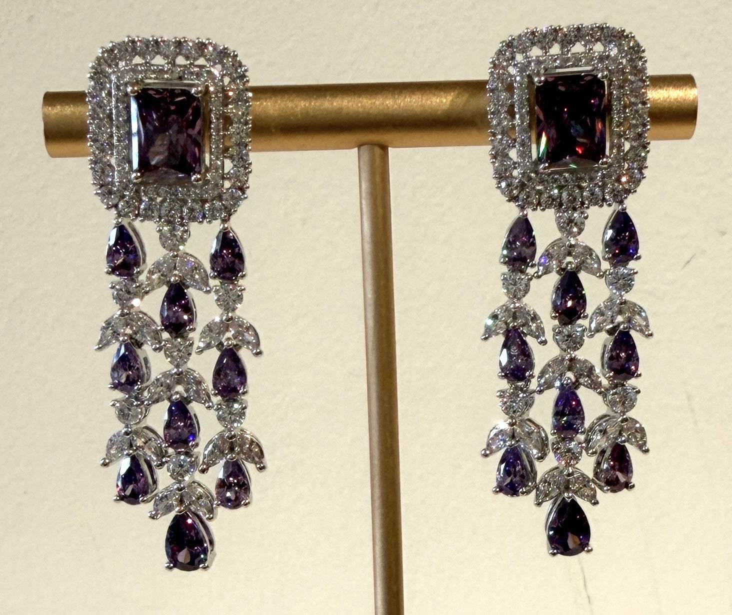 Chandelier Earrings | Carré Double Halo with Pear & Marquise Three Strand Drops | Amethyst & Crystal