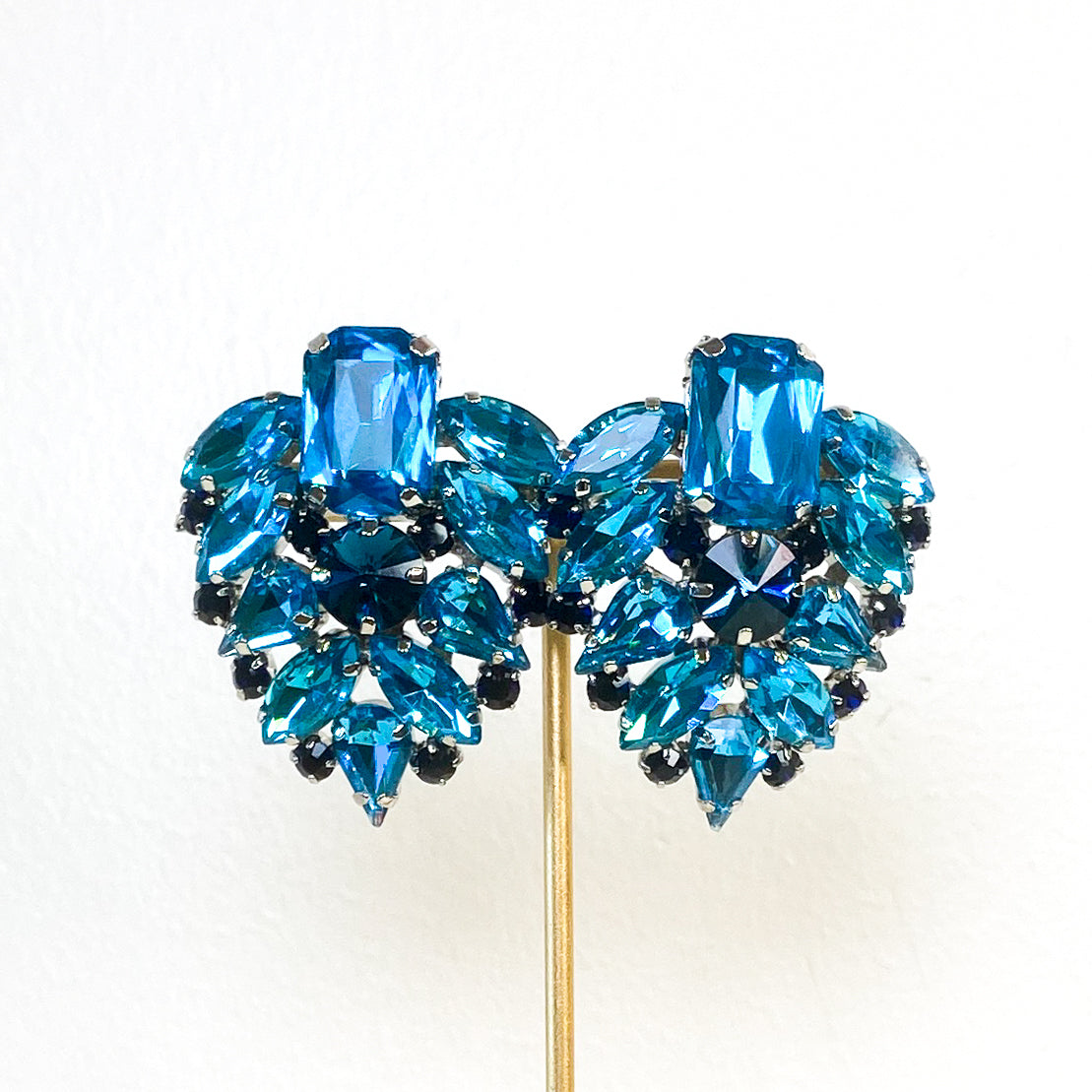 Stud Earrings | Large Crystal Poplar Leaf | Sapphire & Aqua
