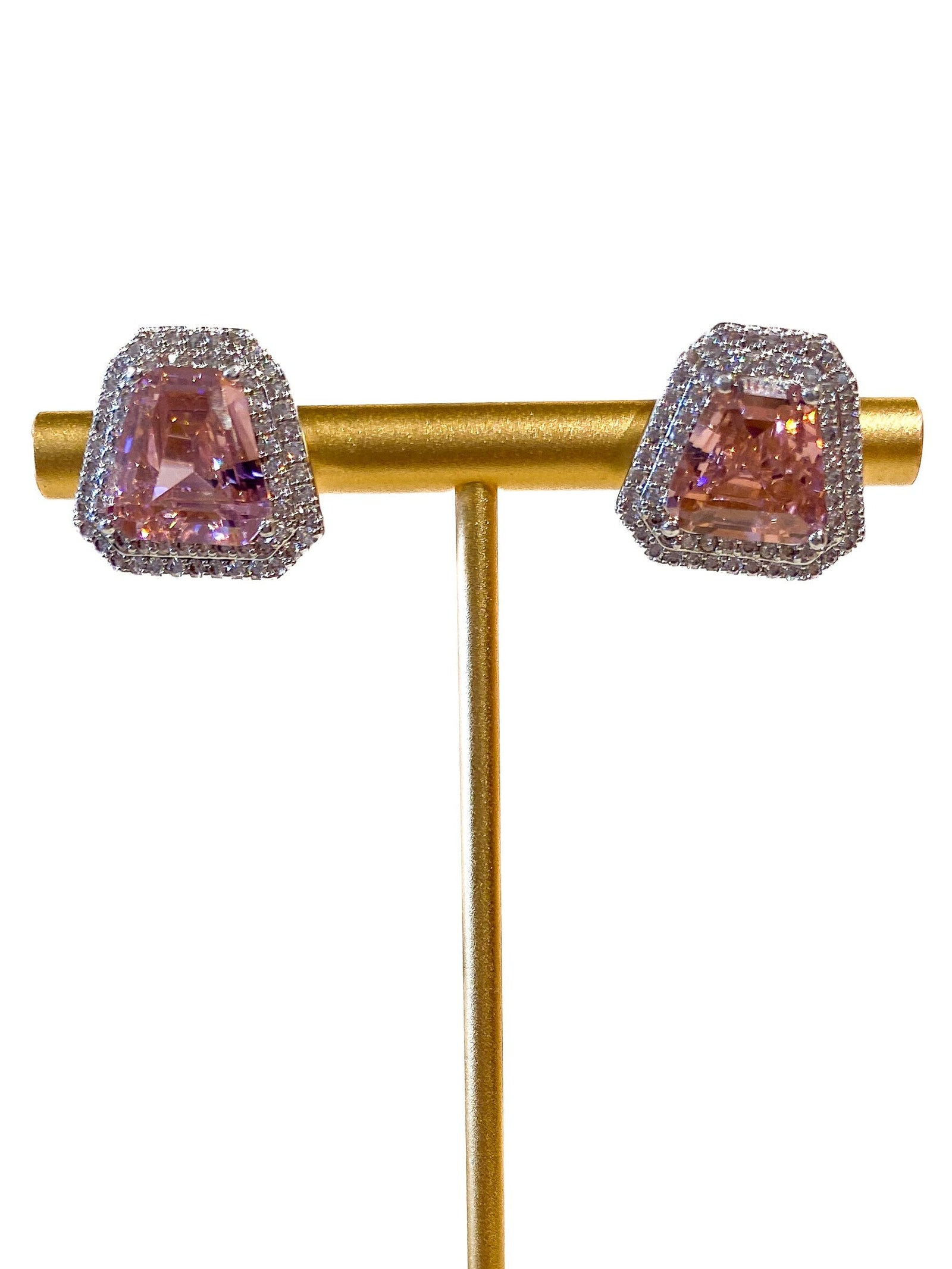 Stud Earrings | Trapezoid Cut in Crystal Halo | Pink Sapphire