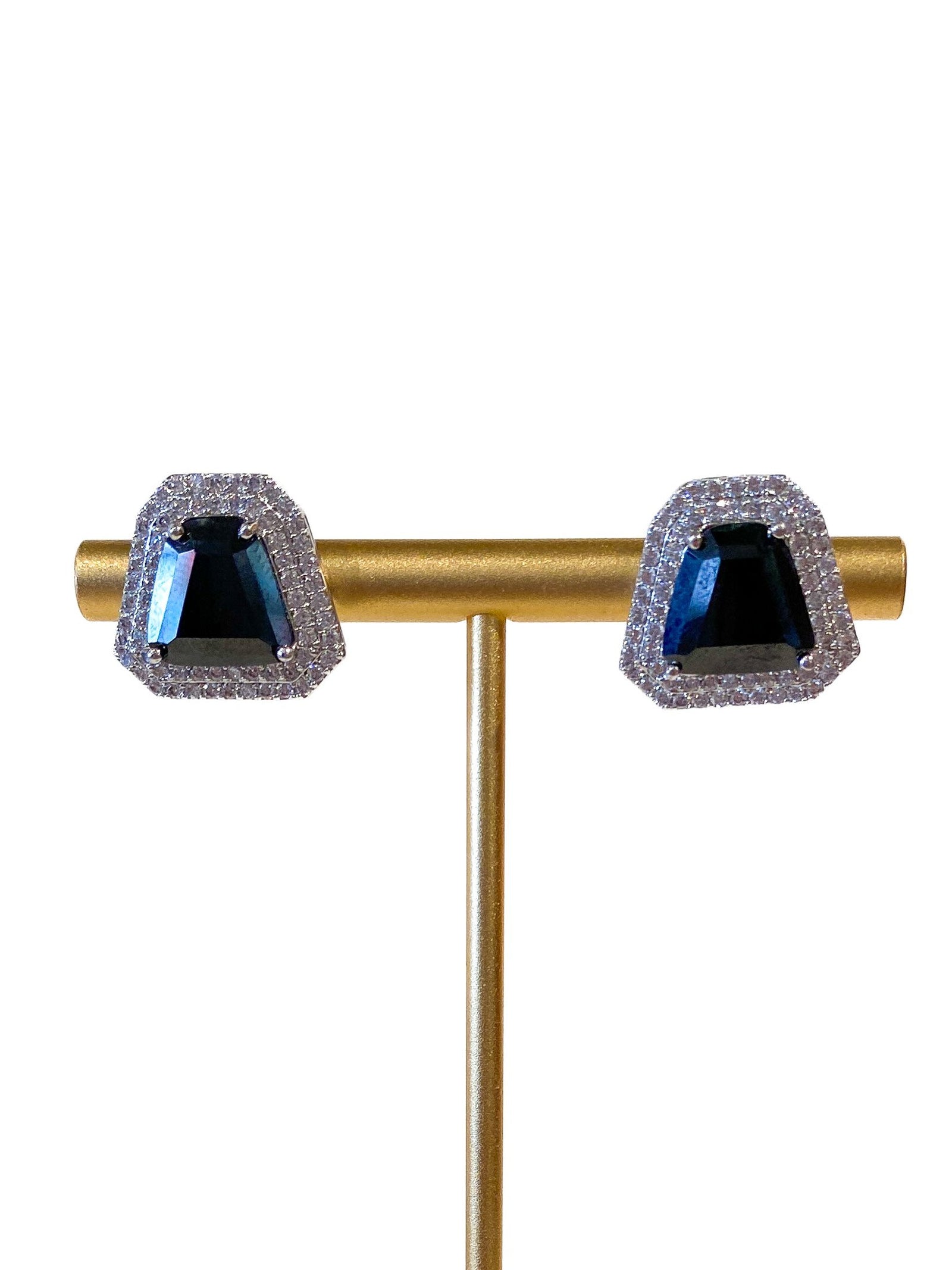 Stud Earrings | Trapezoid Cut in Crystal Halo | Sapphire