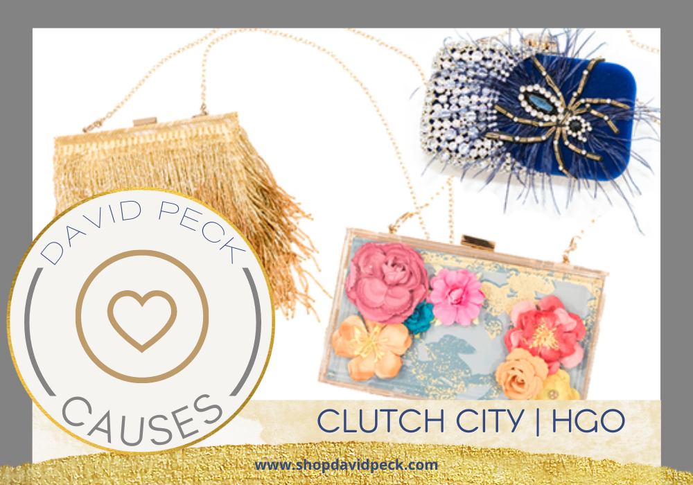causes.Clutch City Houston Grand Opera Collection by David Peck. gold beaded fringe bag. acrylic bag with paper florals. blue velvet bag with crystal spider and rhinestones.