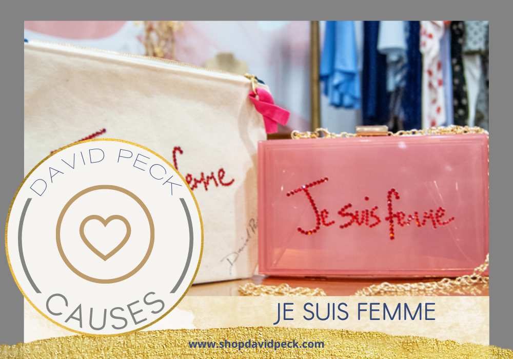 causes.David Peck for Susan G Komen Houston "je suis femme" bags. translation in english is I am woman. acrylic pink clutch with red rhinestones and canvas travel bag with red rhinestones