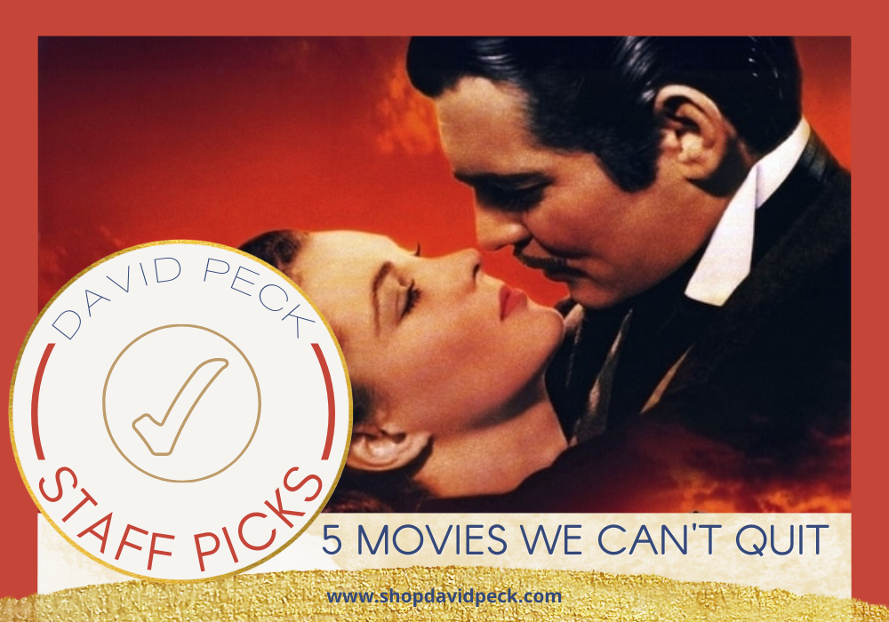 staff picks. cover of gone with the wind movie. male character is leaning in for a kiss. 