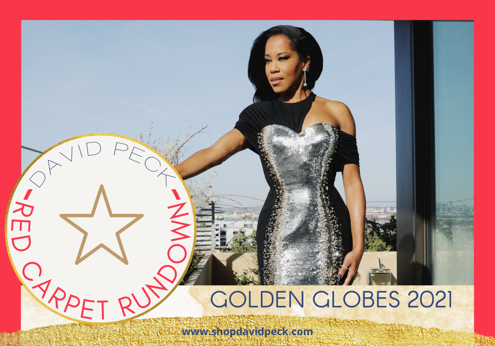 Red Carpet Rundown. Regina King standing on balcony with hand against railing wearing black and silver gown at the 2021 Golden Globes. 
