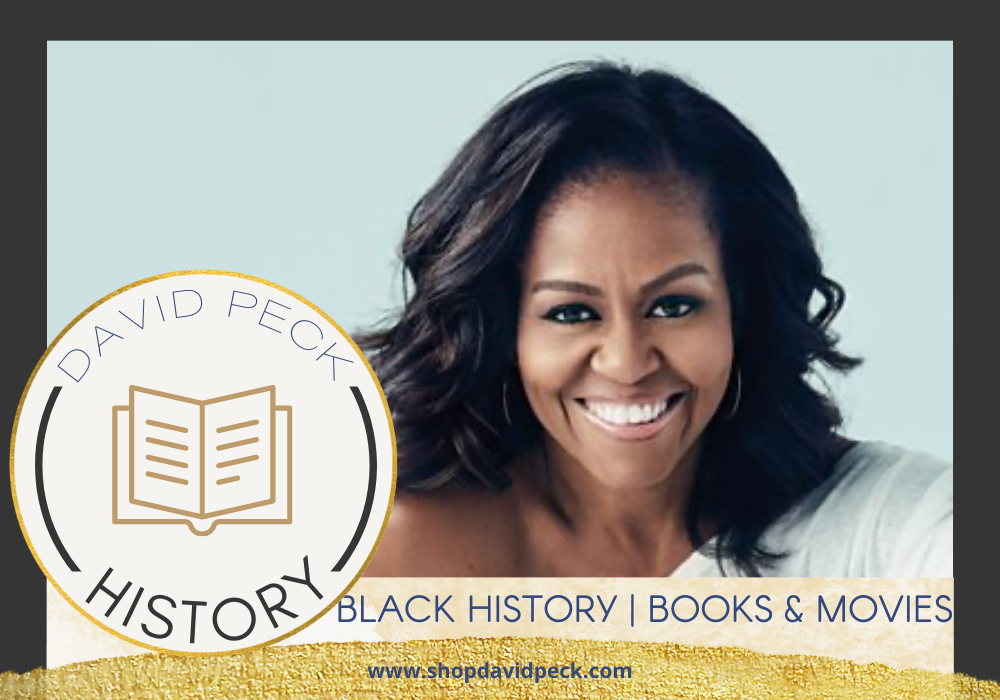 Black History Month. michelle obama on the cover of her book becoming with a blue background