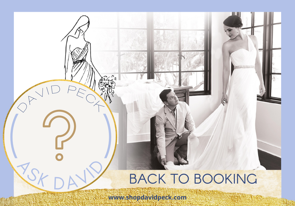 Ask David. on the left a man kneeling and fixing a woman's wedding dress and on the right a sketch of that wedding dress