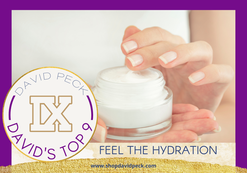 David's Top 9. Hands holding a jar of whipped moisturizer and applying it with their fingers.