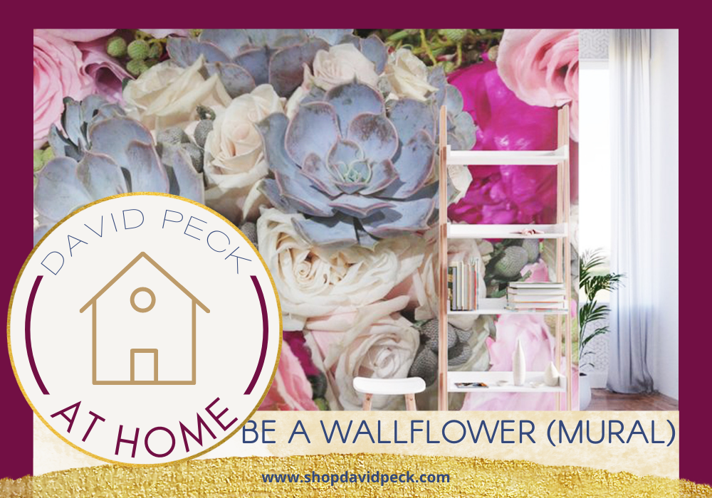 At home. Fuschia, gray, and green flower mural with ladder and stool in front.