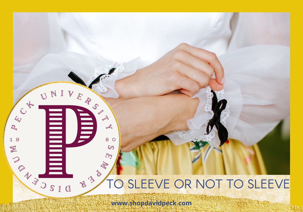 Peck University. Girl wearing white sheer sleeves with black bows and yellow skirt