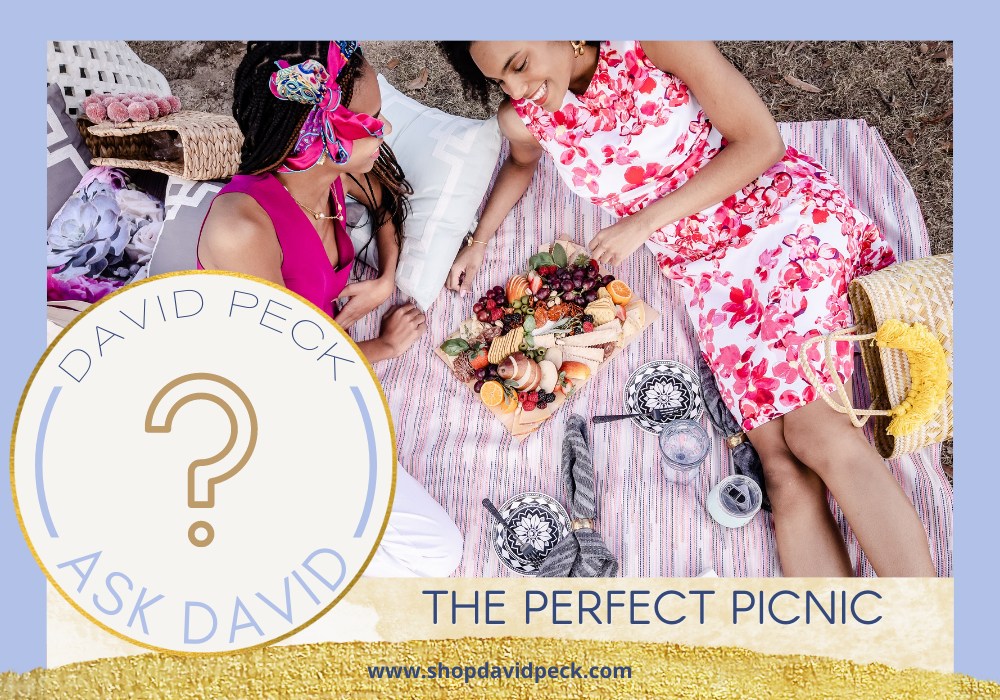 Ask David. Two african american girls having a picnic. Laying on a pink striped blanket eating a charcuterie board. Girl on left wearing a pink top and linen pants with a scarf in her hair. Girl on right wearing a pink and white floral dress 