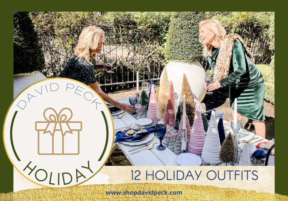 holiday. =blonde mother and daughter setting outdoor christmas table with velvet christmas trees and plaid plates