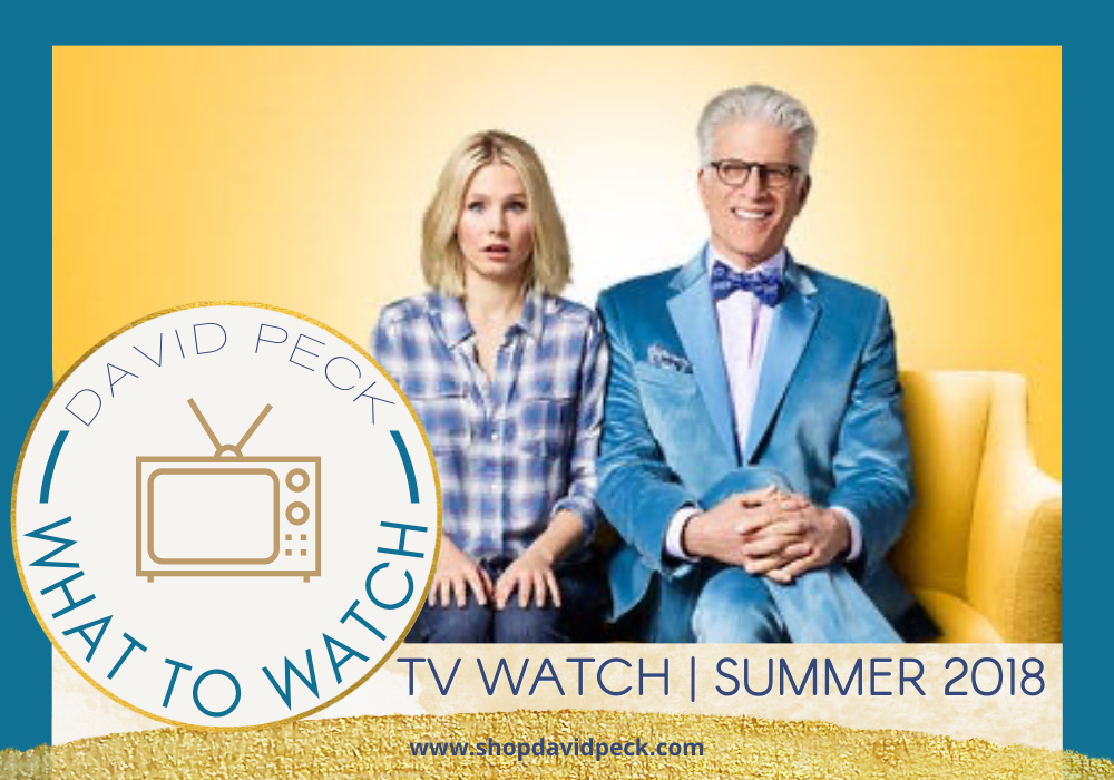 what to watch. the good place tv show ad with kristen bell and ted danson sitting on a yellow couch