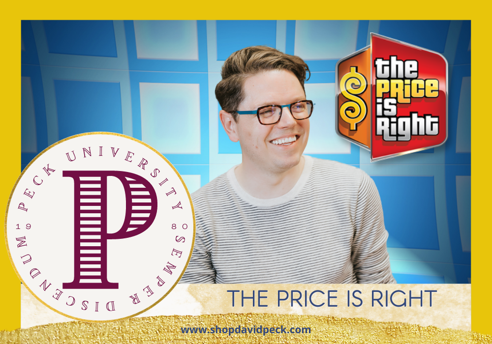 #PeckU. David Peck smiling with the price is right background and logo