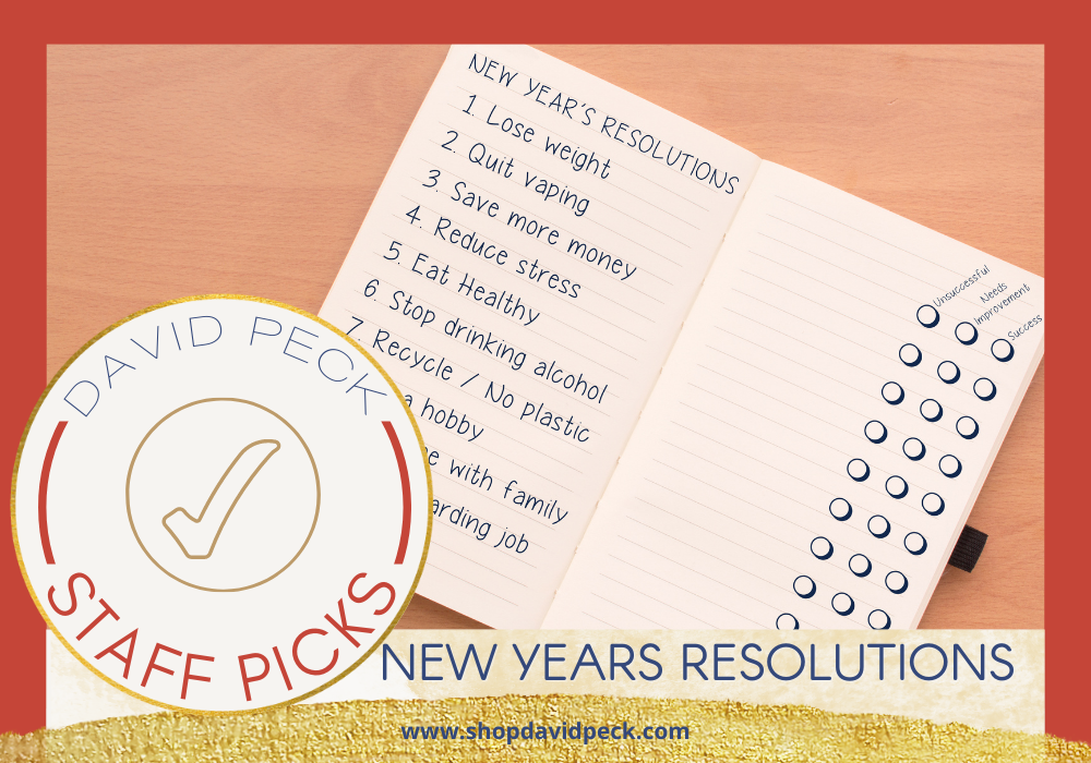 staff picks. notepad with new years resolutions written on it with check boxes next to it.