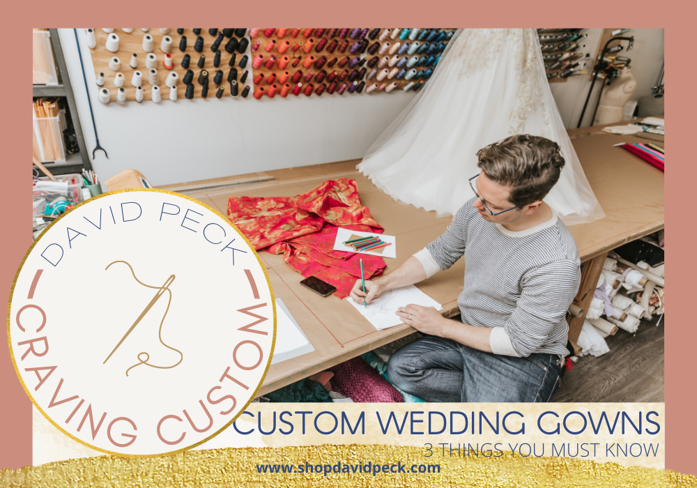 Craving Custom. David Peck sketching at work station with fabric on desk and thread wall in background.