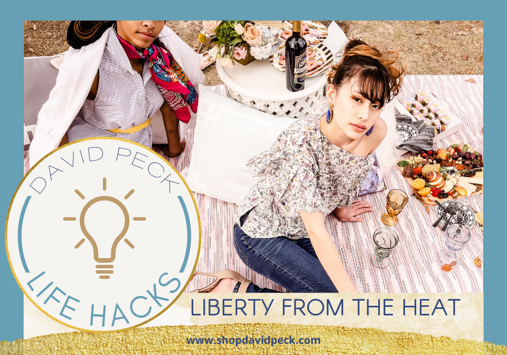 Life Hack.Girls sitting on picnic blanket in liberty of London print top