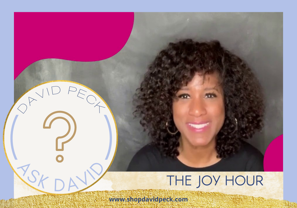 ask david. The Joy Hour with Joy Sewing, Onyii Brown, and David Peck talking about small business, coronavirus masks, and Black Lives Matter. joy sewing on a grey background with pink blobs