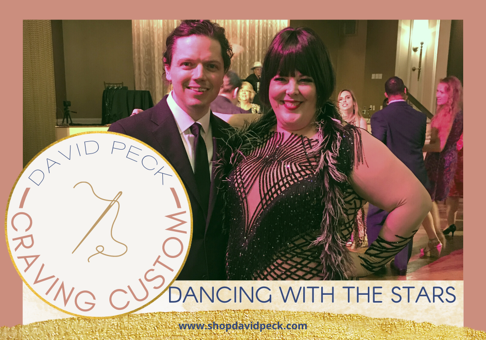 craving custom. david peck and cara crafton at a dancing competition. Cara wears a chicago movie inspired dance costume