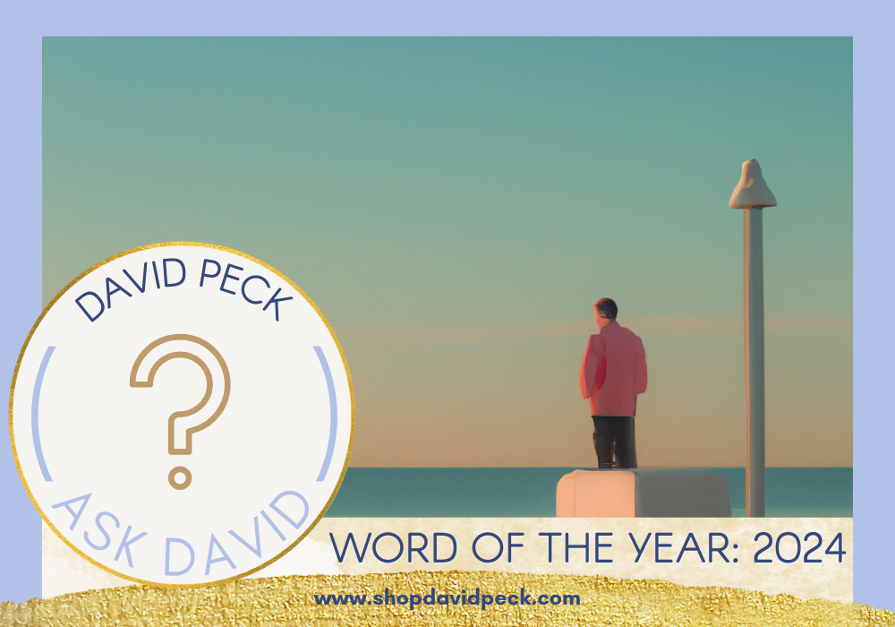 Illustration of a man looking out over a Wes Anderson inspired sunset on ocean. The sky is full of pink and blue. 
