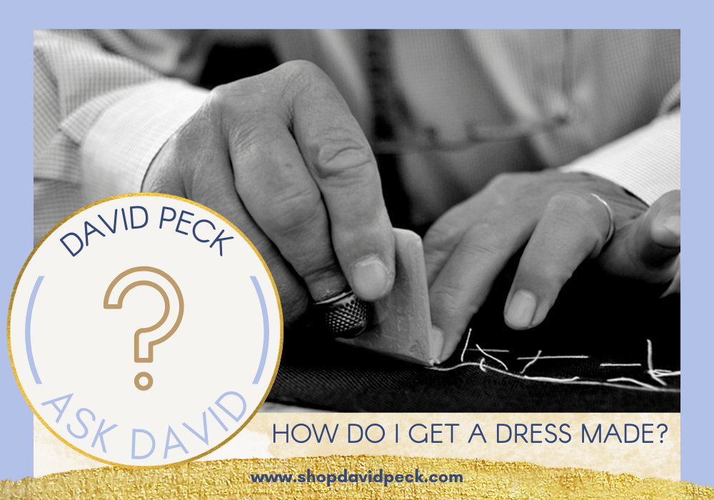 Tailor using chalk and thread to mark a garment. Image for a blog about how to get a custom dress made. 