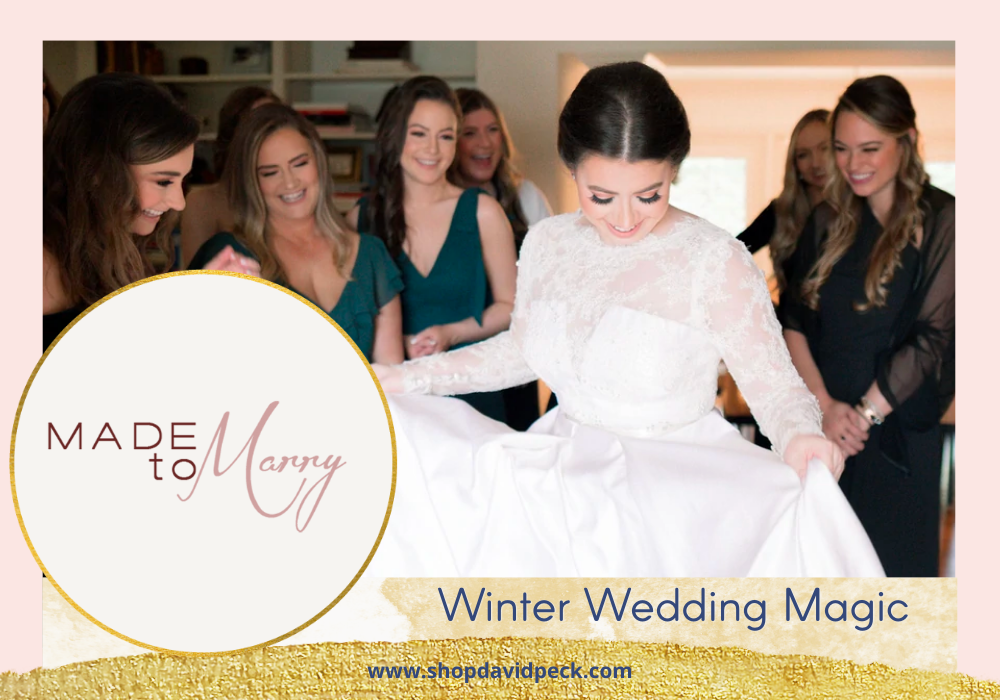 Made to Marry. Brunette bride in custom designed mesh long sleeve lace wedding dress surrounded by smiling bridesmaids in green velvet dresses