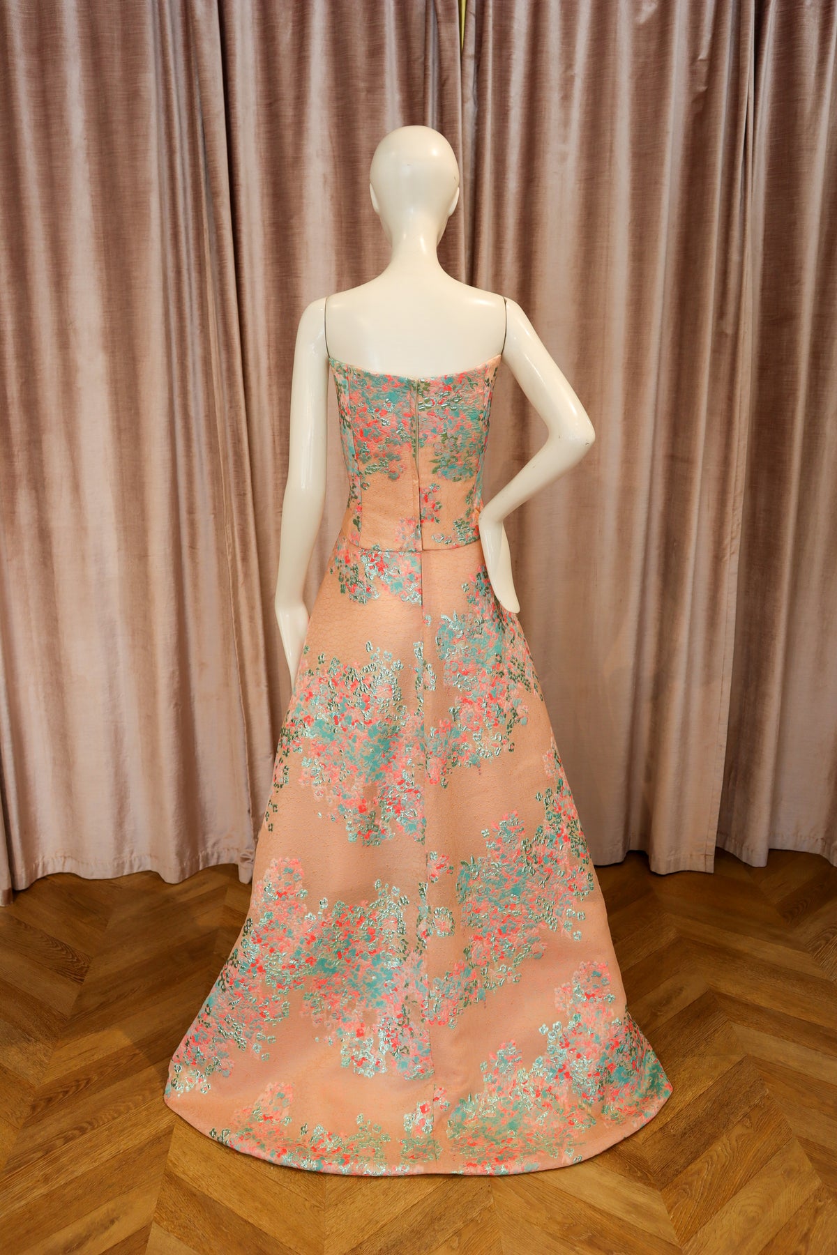 Tetresse Draped Bustier Top | Floral Coral Jacquard