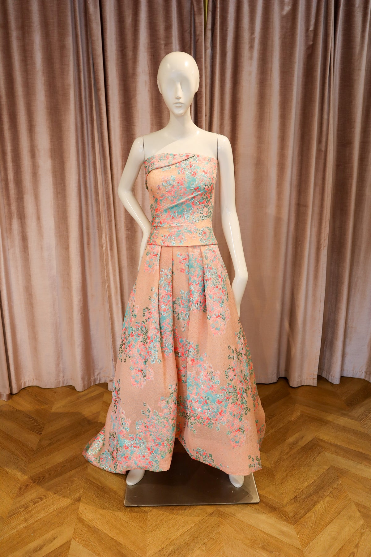Tetresse Draped Bustier Top | Floral Coral Jacquard