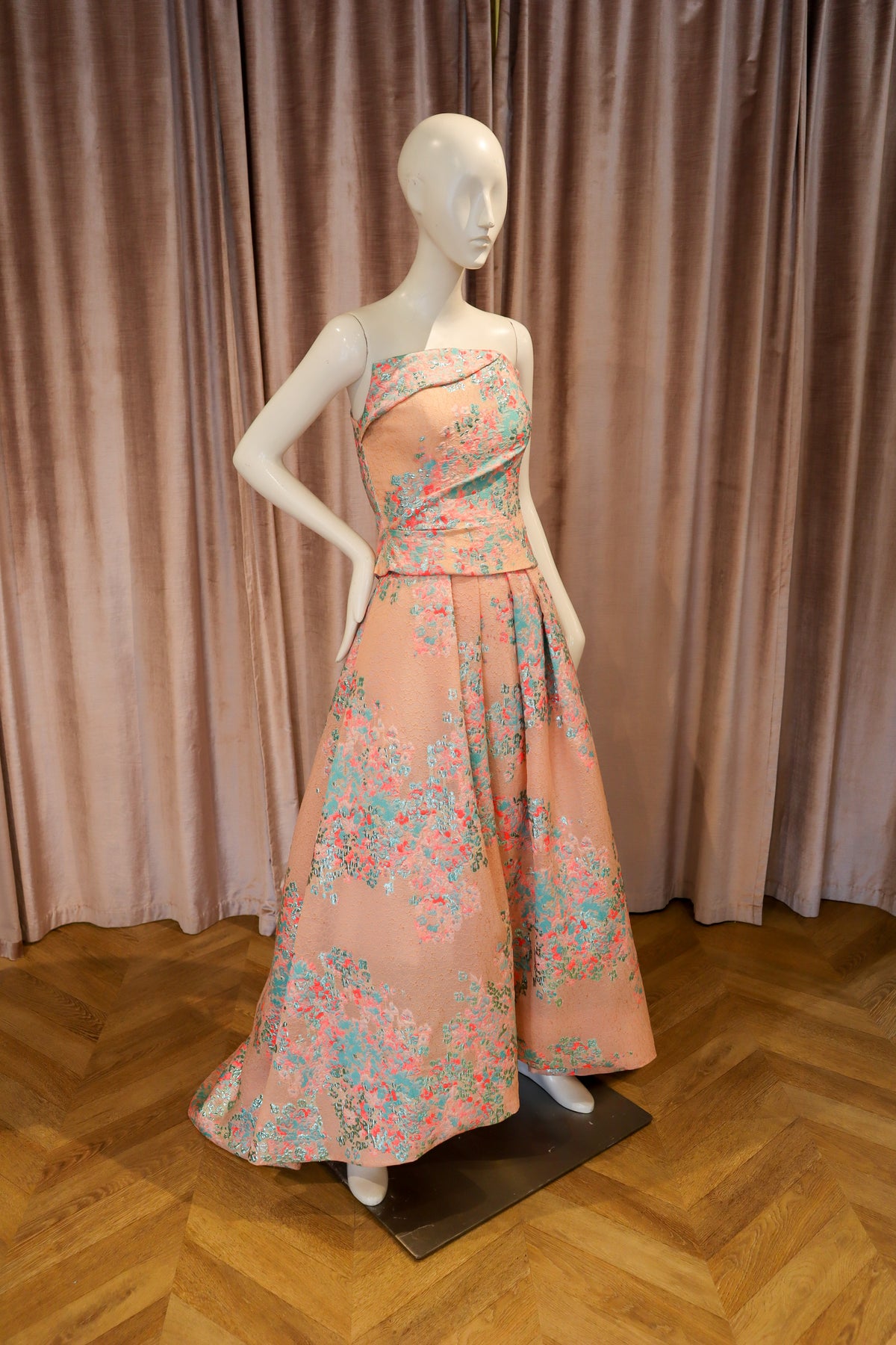 Tetresse Draped Bustier Top | Floral Coral Jacquard