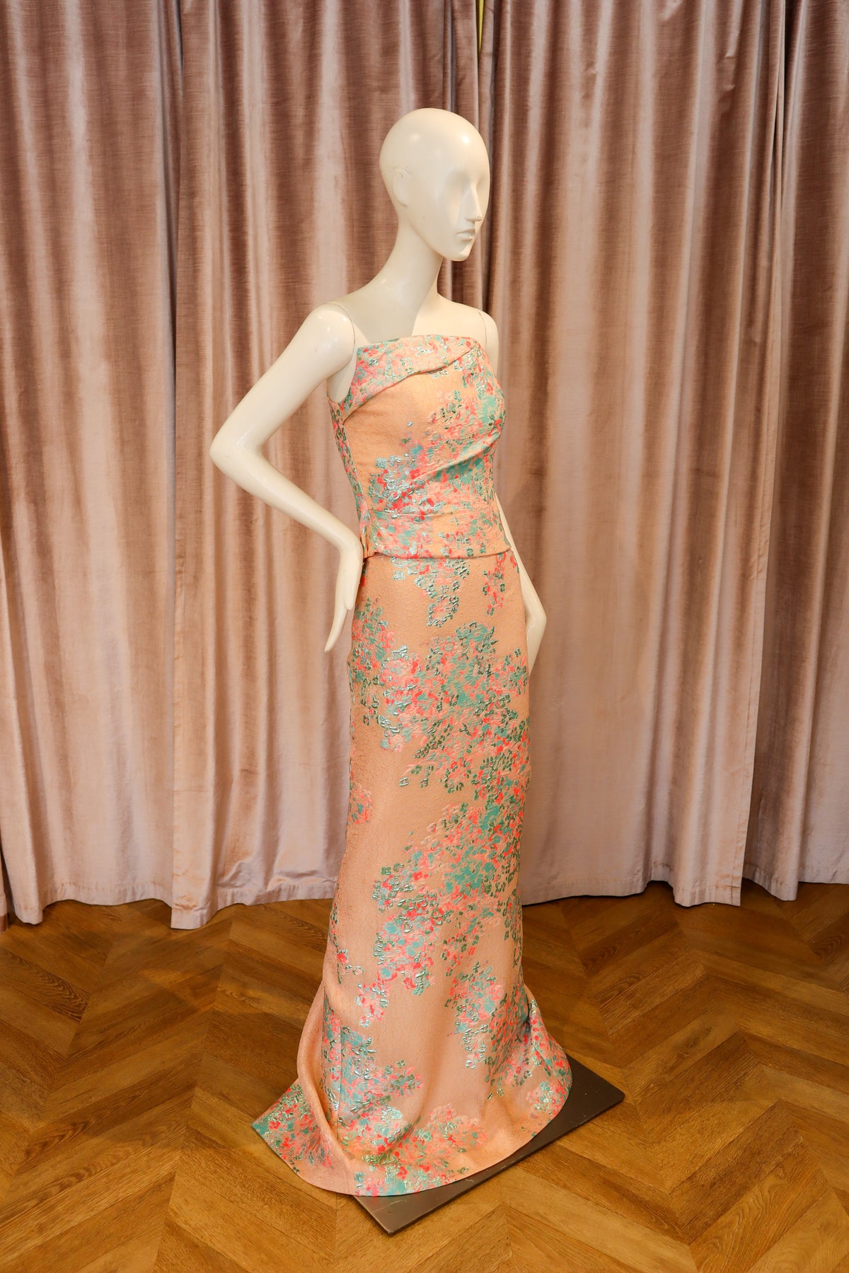 Tetresse Draped Bustier Top | Floral Coral Jacquard