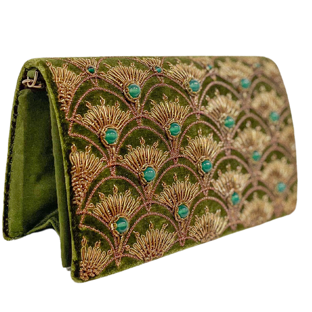 Evening Bag | Embroidered Peacock Feather | Olive Velvet &amp; Emeralds | Mariam Zardozi