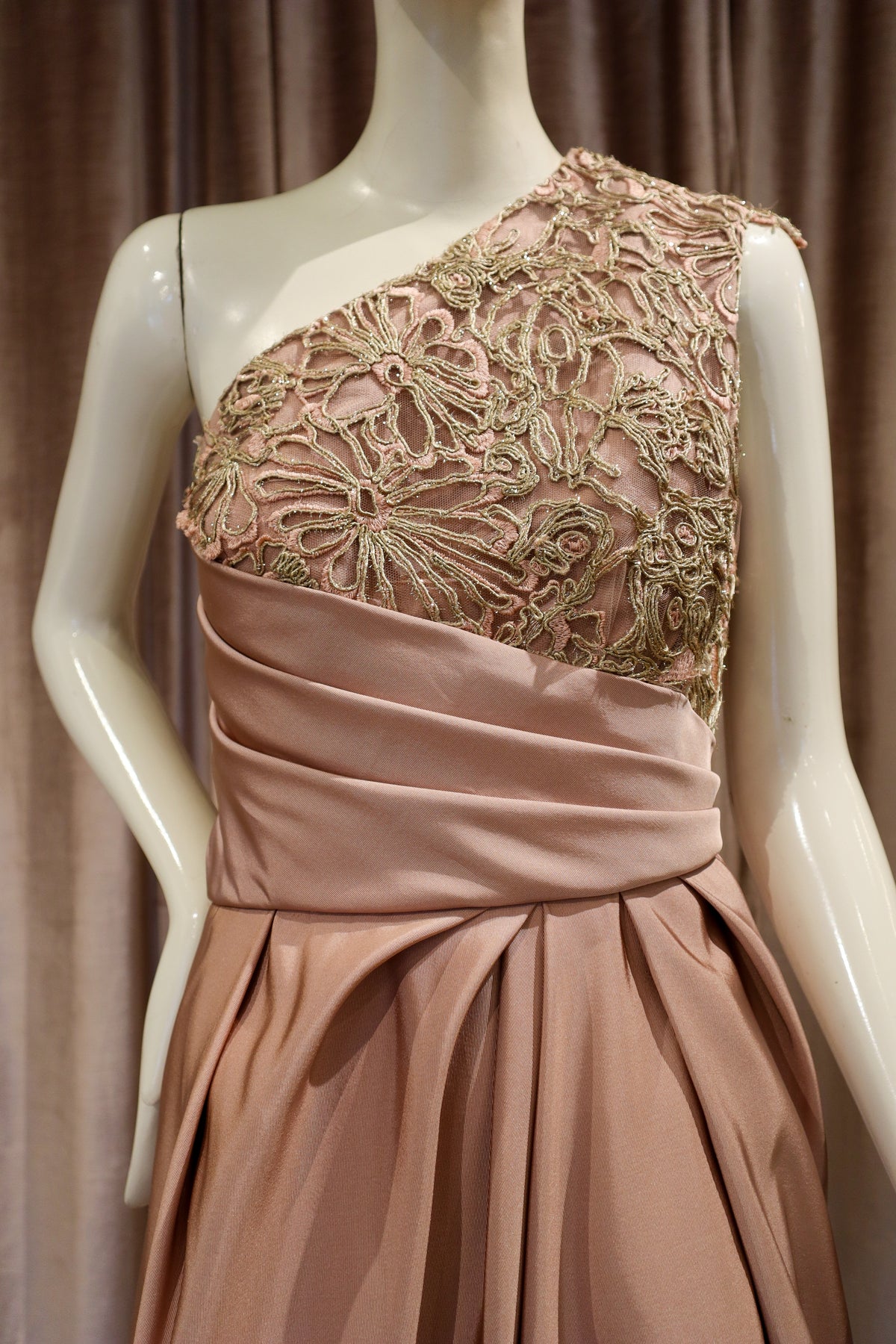Biscay Dress | Silk Faille with Corded Gold Lace | Dusty Rose