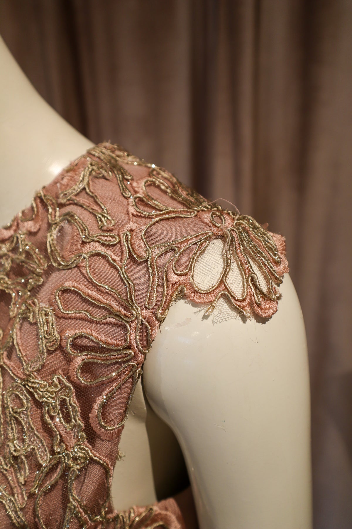 Biscay Dress | Silk Faille with Corded Gold Lace | Dusty Rose