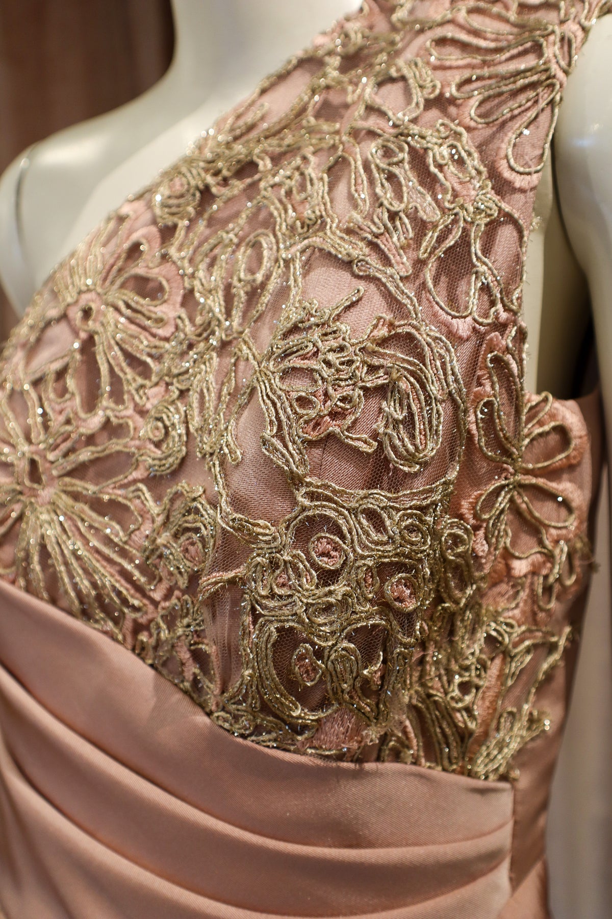 Biscay Dress | Silk Faille with Corded Gold Lace | Dusty Rose